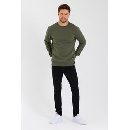 سويت شيرت رجالي بياقة دائرية وتفاصيل ملصق، مبطن بالقطن - كاكي Men's Crew Neck Cotton Lined Sweatshirt with Label Detail - Khaki