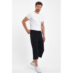 شورت برمودا رجالي أسود بجيوب وسحاب، طول الركبة، خصر مطاطي قابل للتعديل Men's Black Bermuda Shorts with Zipper Pockets, Knee-Length, Adjustable Elastic Waist