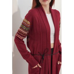 جاكيت كارديجان تريكو طويل 15690 - خمري 15690 Long Knitted Cardigan - A.Bordo