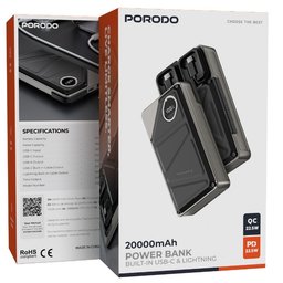 متنقل بورودو بسعة 20000 مللي أمبير وقوة 22.5 واط مع كابلات مدمجة Porodo 20000mAh 22.5W Power Bank with Built-In USB-C & Lightning Cables