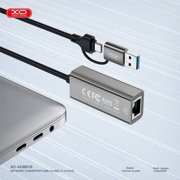 محول شبكة XO HUB-018 من USB-A وType-C إلى RJ45 بسرعة 100 ميجابت/ثانية XO HUB-018 USB-A/USB-C to RJ45 Converter