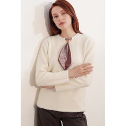 كنزة نسائية فضفاضة بتفاصيل وشاح 15971 - كريم Women's Oversize Scarf Detail Sweater 15971 - Cream