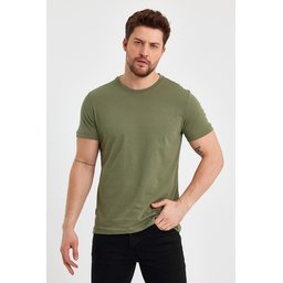 تي شيرت رجالي أسود 100% قطن بقصة عادية وياقة دائرية - كاكي Men's Black 100% Cotton Regular Fit Crew Neck Basic T-Shirt - Khaki