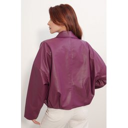 جاكيت نسائي جلد بحزام 1056 - لون بنفسجي داكن Women's Belt Detail Leather Jacket 1056 - Plum