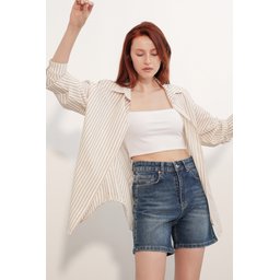قميص نسائي مخطط كبير الحجم 20412 - بني Women's Oversize Striped Shirt 20412 - Brown