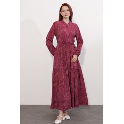 فستان نسائي طويل محتشم بنقشة 2586 - خمري Women's Patterned Long Modest Dress 2586 - Burgundy