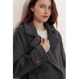 9143 جاكيت نسائي من الصوف بياقة متقاطعة - أنثراسيت 9143 Women's Anthracite Crossover Collar Wool Blend Jacket