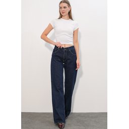 بنطلون جينز نسائي واسع الساق بتفاصيل ترتر 30124 - كحلي Women's Wide Leg Sequin Detail Denim Jeans 30124 - Navy Blue