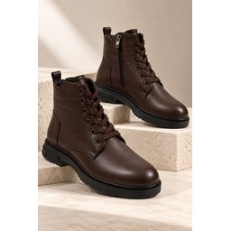 Muggo DİARA حذاء بوت رجالي شتوي يومي جلد طبيعي برباط وسحاب - بني Muggo DİARA Men's Genuine Leather Lace-Up & Zipper Winter Daily Boots - Brown