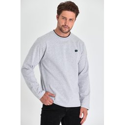 سويت شيرت رجالي رمادي بقبة دائرية مزدوجة وتفاصيل طباعة Men's Grey Double Crew Neck Sweatshirt with Print Detail