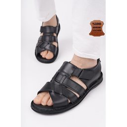 صندل Muggo Charles رجالي جلدي طبي مريح أسود Muggo Charles Men's Genuine Leather Orthopedic Comfortable Soft Sole Sandals - Black