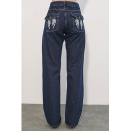 بنطلون جينز نسائي واسع الساق بتفاصيل ترتر 30124 - كحلي Women's Wide Leg Sequin Detail Denim Jeans 30124 - Navy Blue