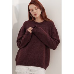 كنزة نسائية تريكو فضفاضة بتفاصيل تول 15968 - خمري Women's Oversize Knitted Sweater with Tulle Detail 15968 - Burgundy