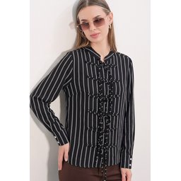 قميص نسائي مخطط برباط أمامي 20404 - أسود Women's Striped Front Tie Shirt 20404 - Black