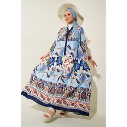 فستان محتشم بتصميم أصيل 2423 - أزرق داكن 2423 Authentic Patterned Modest Dress - Dark Blue