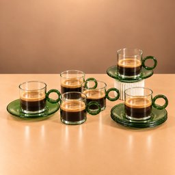 طقم فناجين قهوة زجاجية مع صحون – أخضر زيتوني Olive Green Glass Coffee Cups with Saucers Set