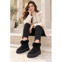 بوت نسائي شتوي يومي Muggo NELİS بفرو داخلي وحول الكاحل - أسود Muggo NELİS Women's Daily Winter Ankle Boots with Inner and Ankle Fur - Black
