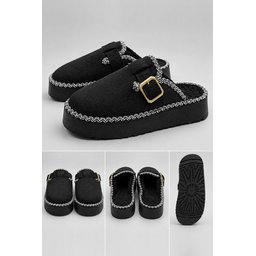 Muggo MAYRA شبشب نسائي شتوي يومي بفرو داخلي وإبزيم - أسود Muggo MAYRA Women's Winter Daily Slipper with Buckle & Faux Fur Lining - Black