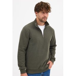 سويت شيرت رجالي قطني بياقة قائمة وسحاب نصفي، قصة عادية، لون كاكي Men's Khaki Standard Fit Cotton Half-Zip Stand-Up Collar Sweatshirt