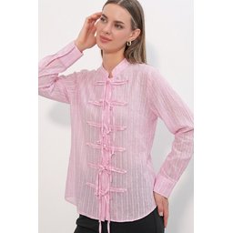 قميص نسائي مخطط بربطة أمامية 20404 - وردي Women's Front Tie Striped Shirt 20404 - Pink
