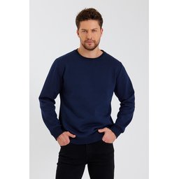 سويتشيرت رجالي بياقة دائرية وتفاصيل ملصق، مبطن بالقطن - كحلي Men's Crew Neck Cotton Lined Sweatshirt with Label Detail - NAVY