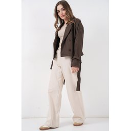 ترنشكوت نسائي قصير بحزام 5970 - بني غامق Women's Belted Short Trench Coat 5970 - Dark Brown