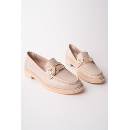 حذاء لوفر نسائي Muggo ARVEN بتفاصيل حجرية وإبزيم معدني - بيج Muggo ARVEN Women's Loafer Shoes with Stone Details & Metal Buckle - Tan