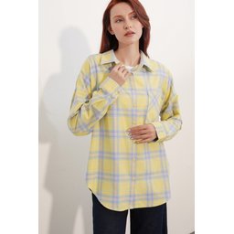 قميص 3854 نسائي فضفاض منقوش بجيب واحد - نعناعي 3854 Women's Plaid Oversize Single Pocket Shirt - Mint