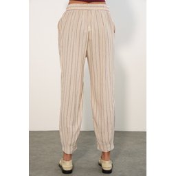 بنطلون نسائي مخطط من الكتان 30102 - فوشيا Women's Striped Linen Trousers 30102 - Fuchsia