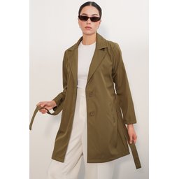 ترنشكوت نسائي قصير بحزام 5990 - كاكي Women's Belted Short Trench Coat 5990 - Khaki