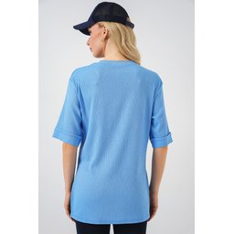 تيشيرت 4332 محبوك بفتحة جانبية - أزرق فاتح 4332 Knitted T-Shirt with Side Slit - Light Blue