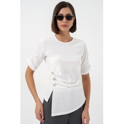 بلوزة ساندي نسائية بتفاصيل أزرار 992 - أبيض Women's Button Detail Sandy Blouse 992 - White