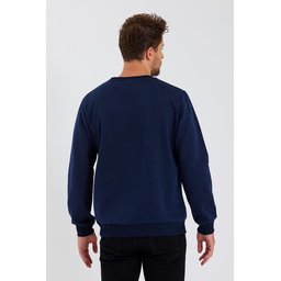 سويتشيرت رجالي بياقة دائرية وتفاصيل ملصق، مبطن بالقطن - كحلي Men's Crew Neck Cotton Lined Sweatshirt with Label Detail - NAVY