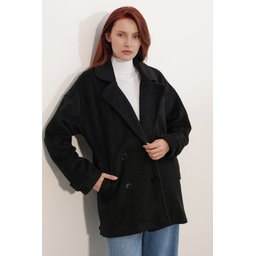 9143 معطف نسائي أسود بياقة متقاطعة من الكاشيه 9143 Women's Black Crossover Collar Cachet Coat