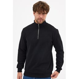 سويتشيرت رجالي أسود بياقة قائمة ونصف سحاب، قصة عادية من القطن المخلوط Men's Black Standard Fit Cotton Blend Half-Zip Stand-Up Collar Sweatshirt
