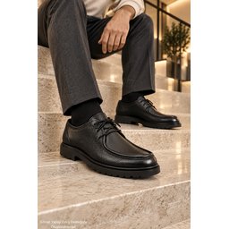 حذاء MUGGO WALTON رجالي كاجوال كلاسيكي برباط جلد طبيعي ونعل سميك - أسود Muggo WALTON Men's Genuine Leather Lace-Up Casual Classic Shoes with Chunky Sole - Black