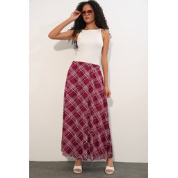 تنورة نسائية مبطنة بنقشة 8075 - خمري داكن Women's Patterned Lined Skirt 8075 - Dark Burgundy