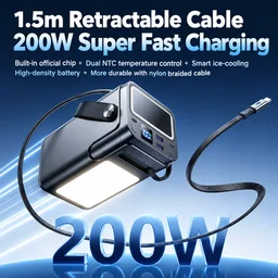 باور بانك ريماكس بسعة 60000 مللي أمبير وقوة 200 واط مع كابل تايب سي سحاب وكشاف LED Remax 60000mAh 200W Power Bank with Dual 100W USB-C & Retractable Cable