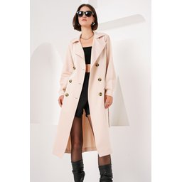 معطف ترنش 5853 بياقة متقاطعة - بيج 5853 Double-Breasted Trench Coat - Beige