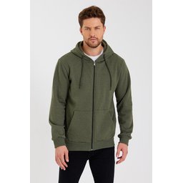 METALIC سترة رجالية بغطاء رأس وسحاب، بجيوب كانجارو، مبطنة بالقطن - كاكي METALIC Men's Khaki Hooded Zipper Cardigan with Kangaroo Pockets, Cotton Lined