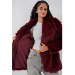 معطف نسائي أوفرسايز فرو بحزام 9156 - خمري Women's Oversize Faux Fur Coat with Belt 9156 - Burgundy