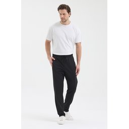 بنطلون رياضي رجالي جوغر أسود بقصة مستقيمة مع جيوب بسحاب Men's Black Jogger Sweatpants with Zipper Pockets, Elastic Waist, Straight Leg