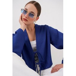كيمونو كتان برباط أمامي 960 - أزرق ملكي Front Tie Linen Kimono 960 - Saks Blue