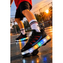 حذاء رياضي MUGGO SKY للأطفال بعجلات وإضاءة LED - أسود وأحمر MUGGO SKY Kids' Light-Up Roller Sneaker Shoes - Black & Red
