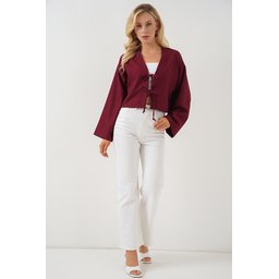 كيمونو كتان برباط أمامي 960 - خمري Front Tie Linen Kimono 960 - Burgundy