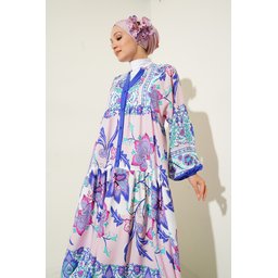 فستان محتشم بنقشة أصيلة 2423 - كحلي داكن 2423 Authentic Patterned Modest Dress - Dark Navy