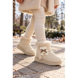 Muggo TOFFE حذاء بوت شتوي بناتي مبطن بالفرو مع فيونكة - بيج Muggo TOFFE Girls' Winter Fur-Lined Boots with Bow Detail - Beige