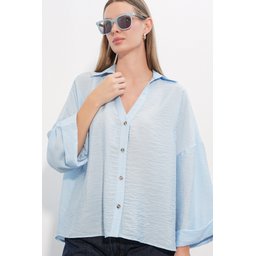 قميص نسائي واسع الأكمام فضفاض 20401 - أزرق Women's Wide Sleeve Oversize Shirt 20401 - Blue