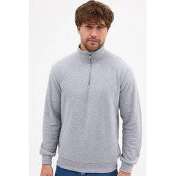 سويتشيرت رجالي رمادي بياقة قائمة وسحاب نصفي، قصة عادية من القطن المخلوط Men's Grey Standard Fit Cotton Blend Half-Zip Stand-Up Collar Sweatshirt