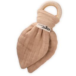 عضاضة أسنان من قماش الموسلين والخشب الطبيعي - لون قهوة بالحليب Wooden Muslin Teether - Milky Coffee Color